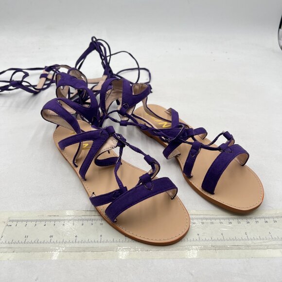 YDN Purple Sexy Knee High Lace up Flats Fringe Low Heel Gladiator Strap Sandals - Picture 4 of 8